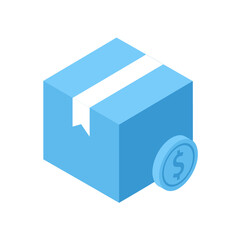 Isometric Blue Sealed Package Icon with Adjacent Dollar Coin Symbolizing Shipping Cost or Product Price