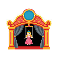 Colorful Puppet Theater Stage Clipart with Red and Yellow Frame, Grey Curtains, and a Blonde Female Marionette