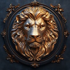 Intricately detailed gold lion head with decorative frame photo against a dark background