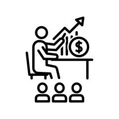 Financial Presentation Icon - Person Explaining Growth Chart to Audience (Line Art)