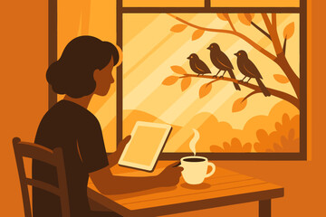 Enjoying a cozy morning with a warm drink while watching birds outside through a sunny window