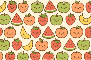 Cute and colorful fruit pattern with smiling faces on a light background showing various fruits like apples, strawberries, and watermelons