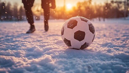 Soccer player kicking the ball during a snowfall.