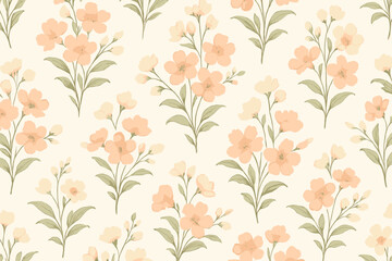 Floral pattern featuring soft peach blossoms and green leaves on a cream background ideal for textile design
