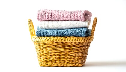 Wicker basket with knitted sweaters isolated on white background.