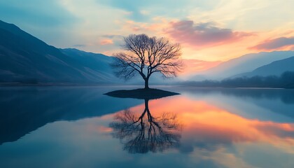 Lonely tree on a lake at sunset. 3d render