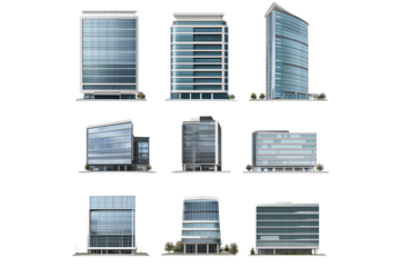 set of modern office building isolated on transparent background 