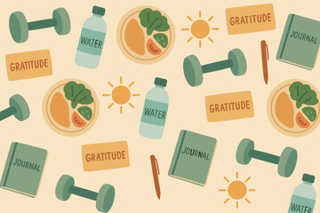 Creative arrangement of fitness and wellness items including food, water, exercise equipment, and self-care tools