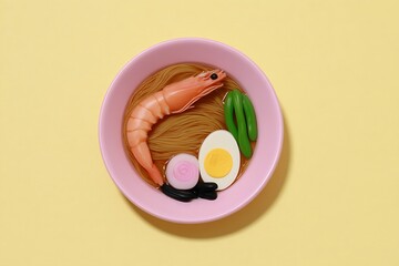 Minimalist Shrimp Ramen Composition on Yellow
