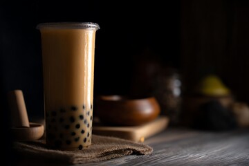 Delicious bubble tea drink on table