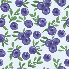 Summer print with blueberries. Vector pattern with blueberries and leaves. Juicy berries. Vector blueberries on a light background. For children, wallpaper, textile.