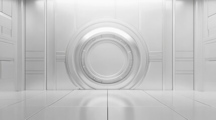 Front view of light silver bank vault door, closed. 3D Render illustration , no logos, no brands