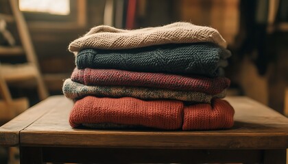 Stack of knitted sweaters on a wooden table in the room