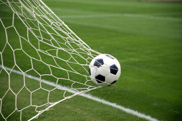 Fototapeta premium Photo of Soccer ball in the net on a green field, symbolizing a goal scored during a game, highlighting the excitement and competition of the sport