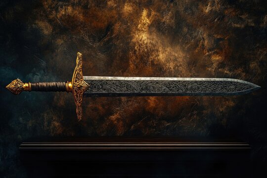 Ornate medieval sword with golden hilt and detailed blade resting on a dark shelf against a textured, aged background.