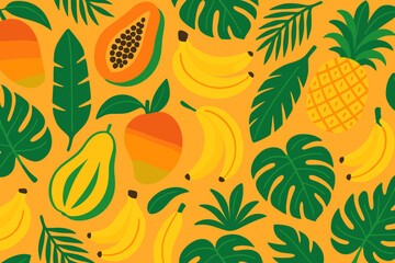 Bright tropical fruit pattern featuring bananas, mangoes, and pineapples on a vibrant yellow background