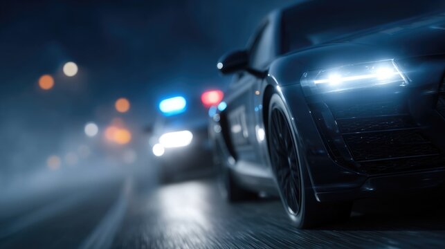 High-Speed Police Pursuit at Night with Flashing Lights