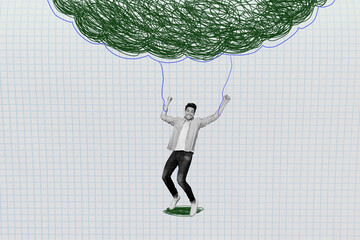 3d sketch image pop full collage of puzzled employee girl guy hang master ribbon cloud scribble...