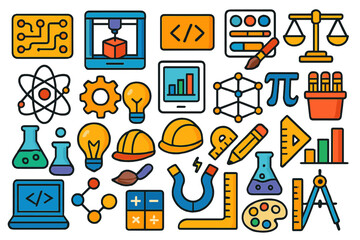 Colorful collection of science, technology, engineering, and math icons showcasing various concepts and tools