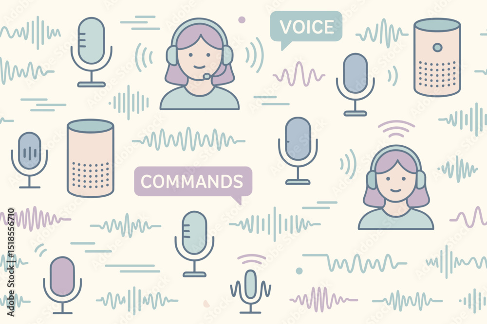 Poster digital assistant features showcasing voice commands and user interaction in a modern design