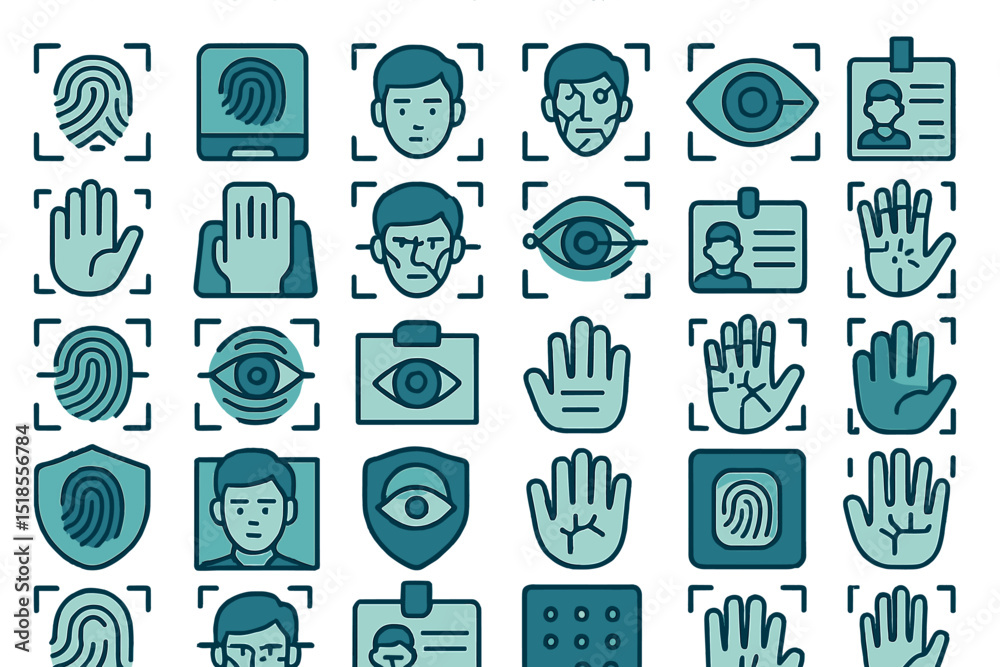 Poster security icons display various biometric identification methods and user profiles for modern technol