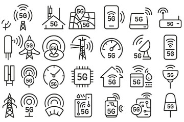Fototapeta premium Various 5G icons representing telecommunications and connectivity technology in a contemporary design layout