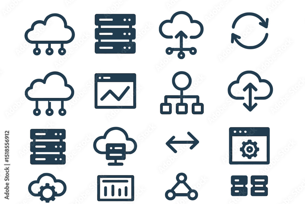 Poster cloud computing icons illustrating various concepts of data storage, transfer, and management in a d