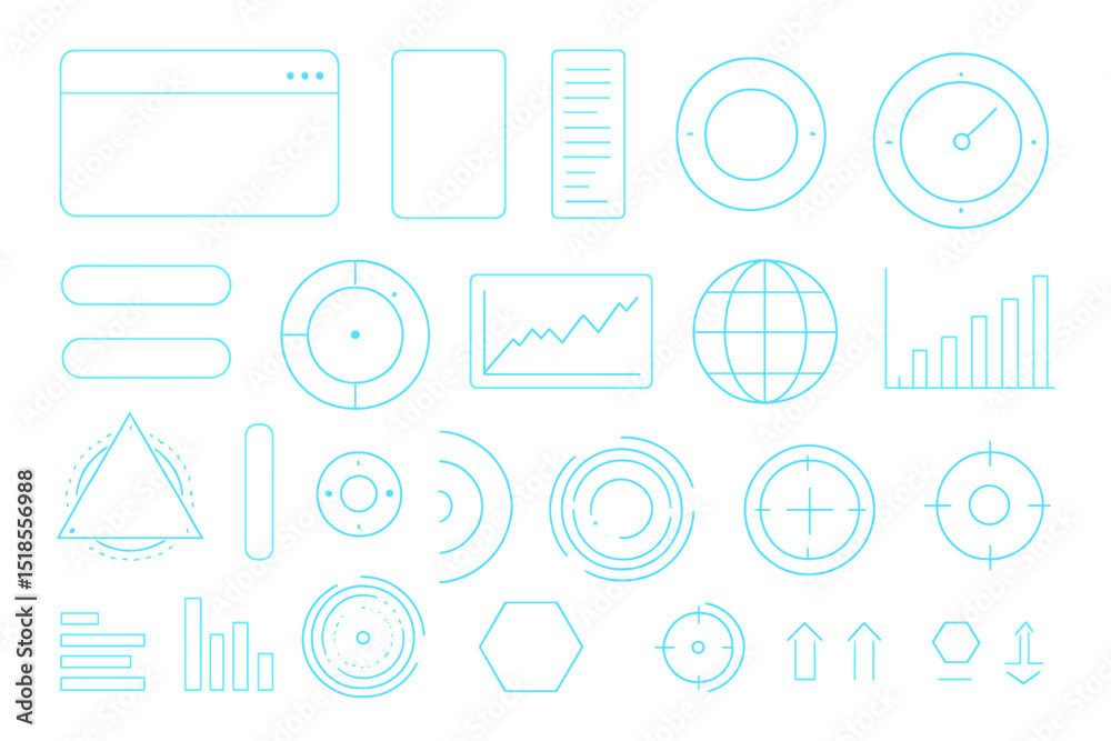Poster line icons depicting various data visualization elements and user interface components for digital d