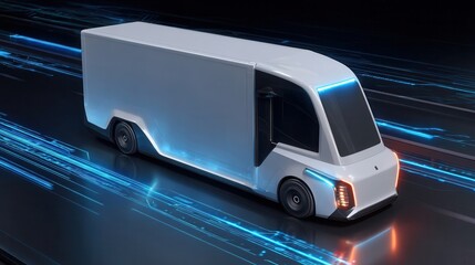 Futuristic white delivery vehicle on a high-tech roadway.