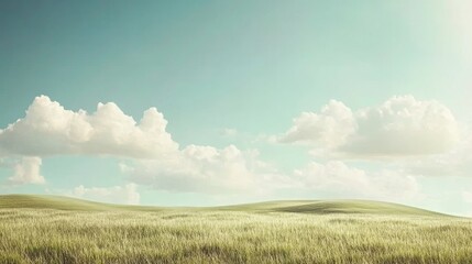 Fototapeta premium A watercolor depiction of Verdant Hills features a meadow and fields under a bright cloudy sky