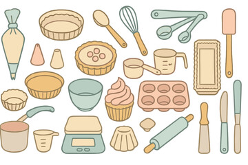 Kitchen baking tools and utensils arranged in a colorful and organized layout for baking enthusiasts