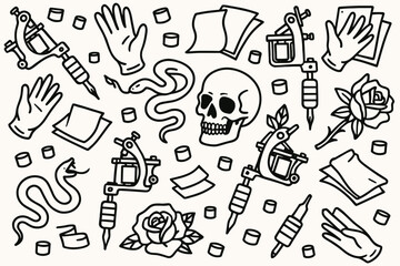 Tattoo designs featuring skulls, flowers, snakes, and tattoo equipment on a neutral background