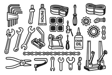 Collection of bicycle repair tools arranged for maintenance during daylight hours