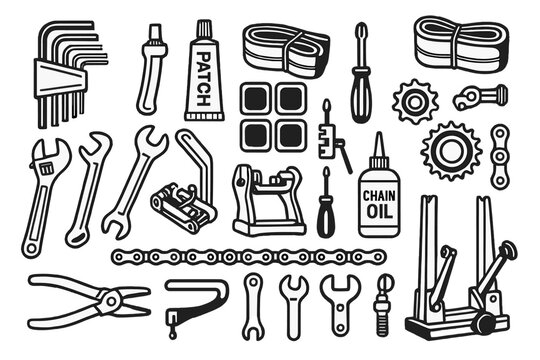 Collection of bicycle repair tools arranged for maintenance during daylight hours