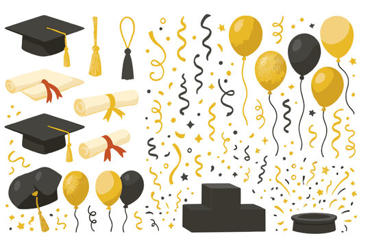 Graduation celebration elements including caps, balloons, diplomas, and decorations in black and gold colors