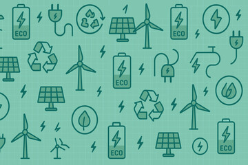 Energy icons featuring wind turbines, solar panels, batteries, and recycling symbols create a vibrant eco-friendly pattern on a green background