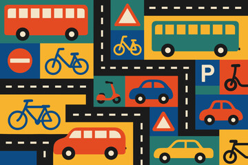 Colorful urban traffic illustration showcasing various vehicles and road signs in a vibrant city layout suitable for educational purposes