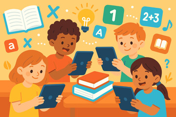 Happy students using tablets for interactive learning in classroom