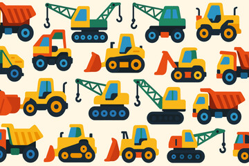 Construction vehicles in bright colors on a playful background for children's art or educational materials