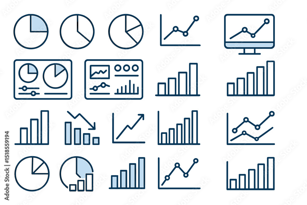 Poster diverse collection of graphs and charts used for data analysis and visualization in business reporti