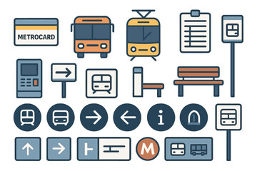 Flat icon set of metro and public transportation elements
