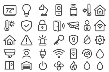 Collection of smart home icons featuring various symbols for security, temperature control, and energy management