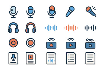 Fototapeta premium Collection of audio and video icons showcasing different recording and playback elements in a colorful, modern design