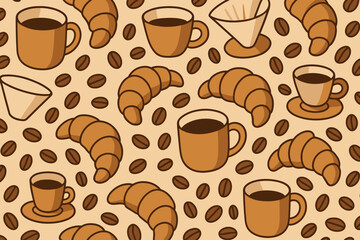 Obraz premium Seamless coffee and croissant pattern with mugs and beans