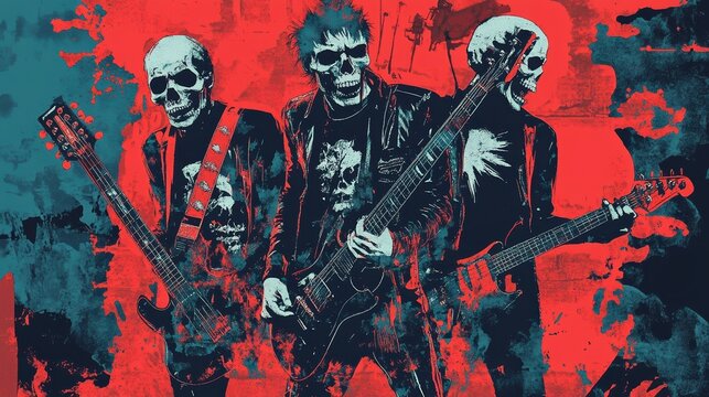 A punk rock poster, flyer or album cover. Color scheme is intense, embody punk ethos. Grunge texture. Skulls and rebellious spirit of musical anarchy and independence.