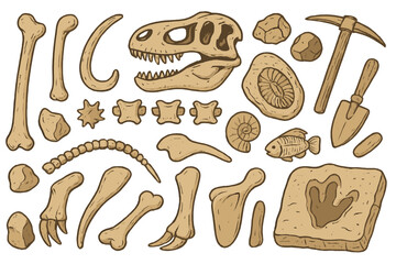 Hand-drawn dinosaur fossils and excavation tools on brown background