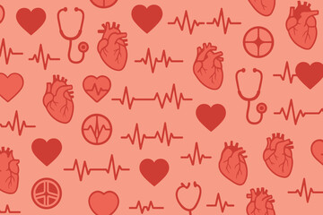 Monochrome seamless pattern of heart health symbols and stethoscopes
