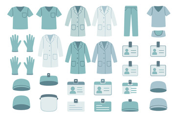 Seamless pattern of medical uniforms, ID badges, and protective gear