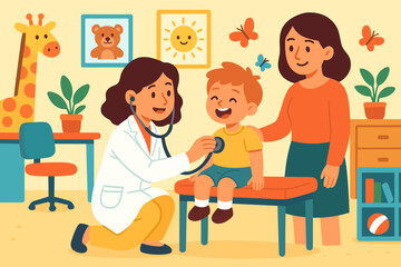 Smiling doctor examines cheerful child in bright pediatric office