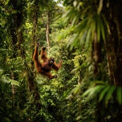 Obraz premium Orangutan swinging through a lush rainforest canopy.